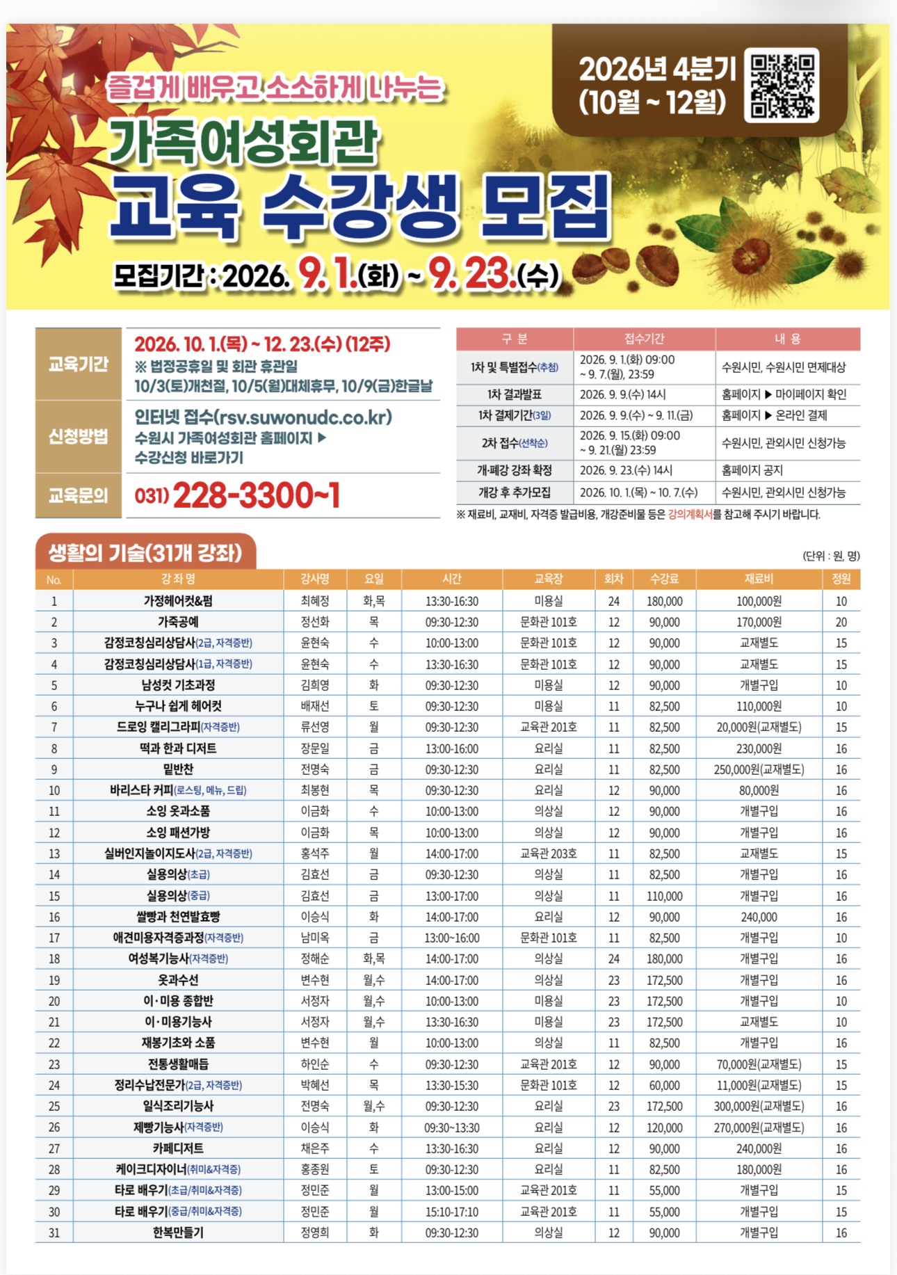 [수원도시공사] <br> 수원시 가족여성회관 26년 4분기 정기강좌 수강생 모집